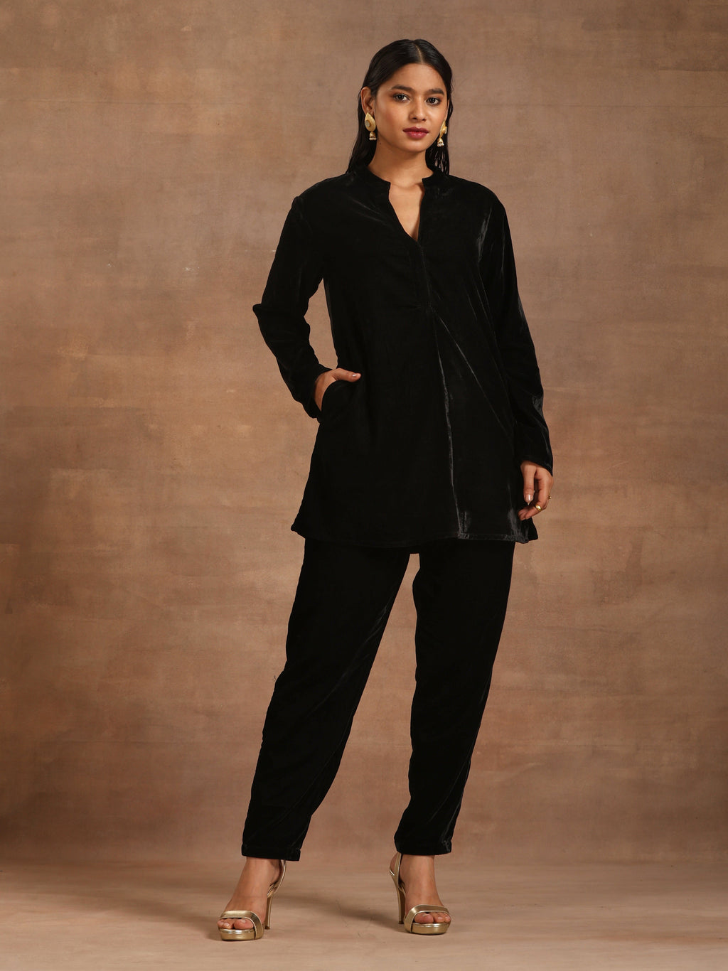 trueBrowns Black Velvet Solid Co-ord Set