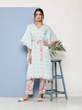 Ahalyaa Women Sea Green Floral Printed Gotta Patti Kurta with Trousers