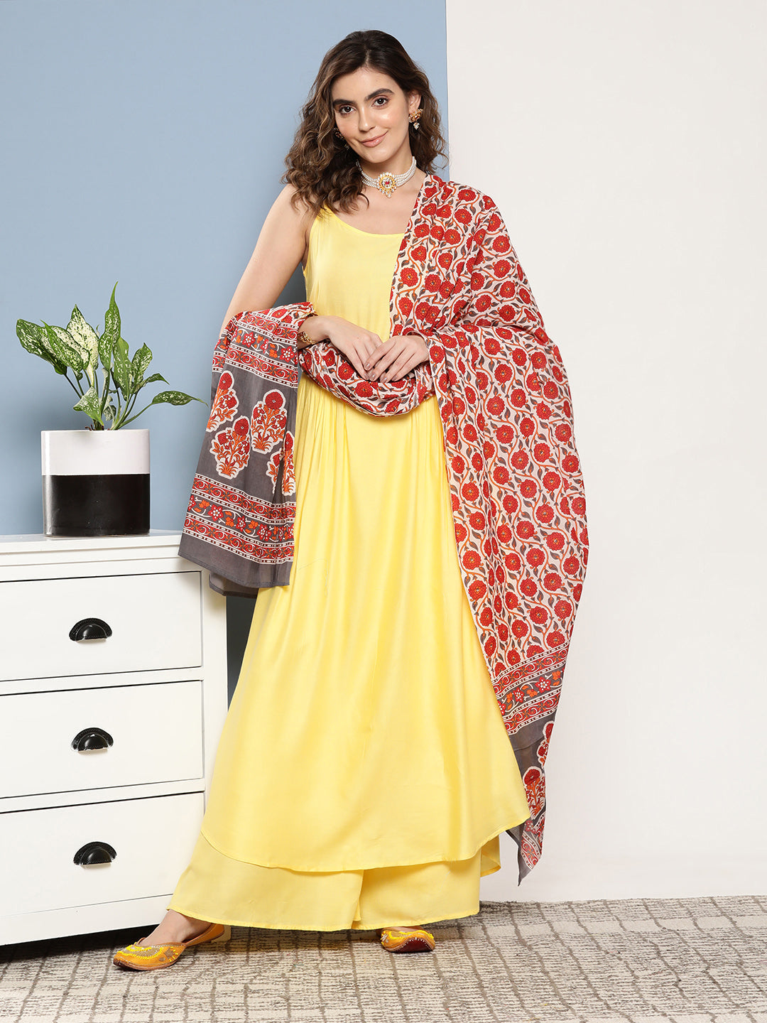 InWeave Women's Light Yellow Ray Strappy Set With Orange Floral Cotton Dupatta