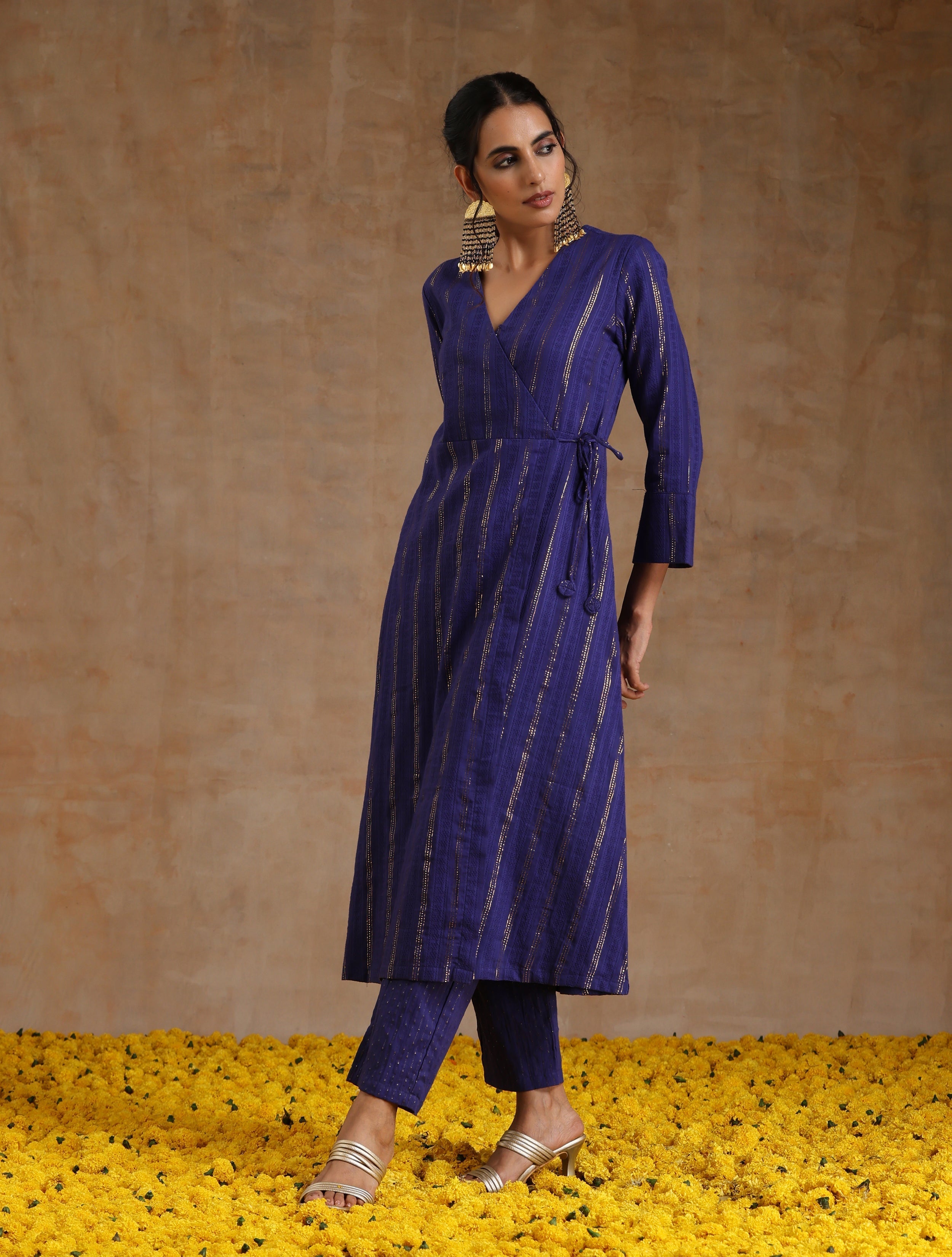 trueBrowns Spectrum Blue Gold Cotton Angrakha Kurta Set