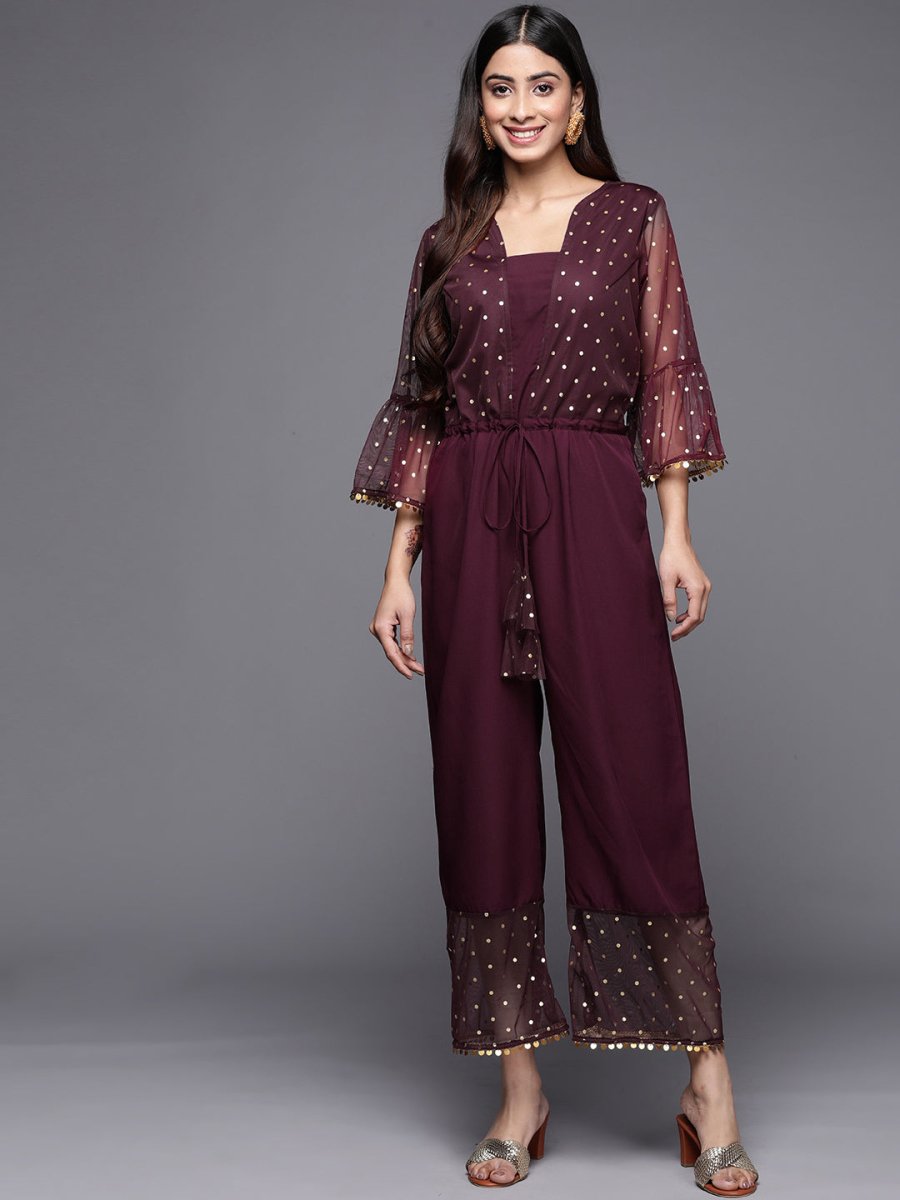 Ahalyaa Printed Bell Sleeves Crepe Basic Jumpsuit With Waist Tie-Ups
