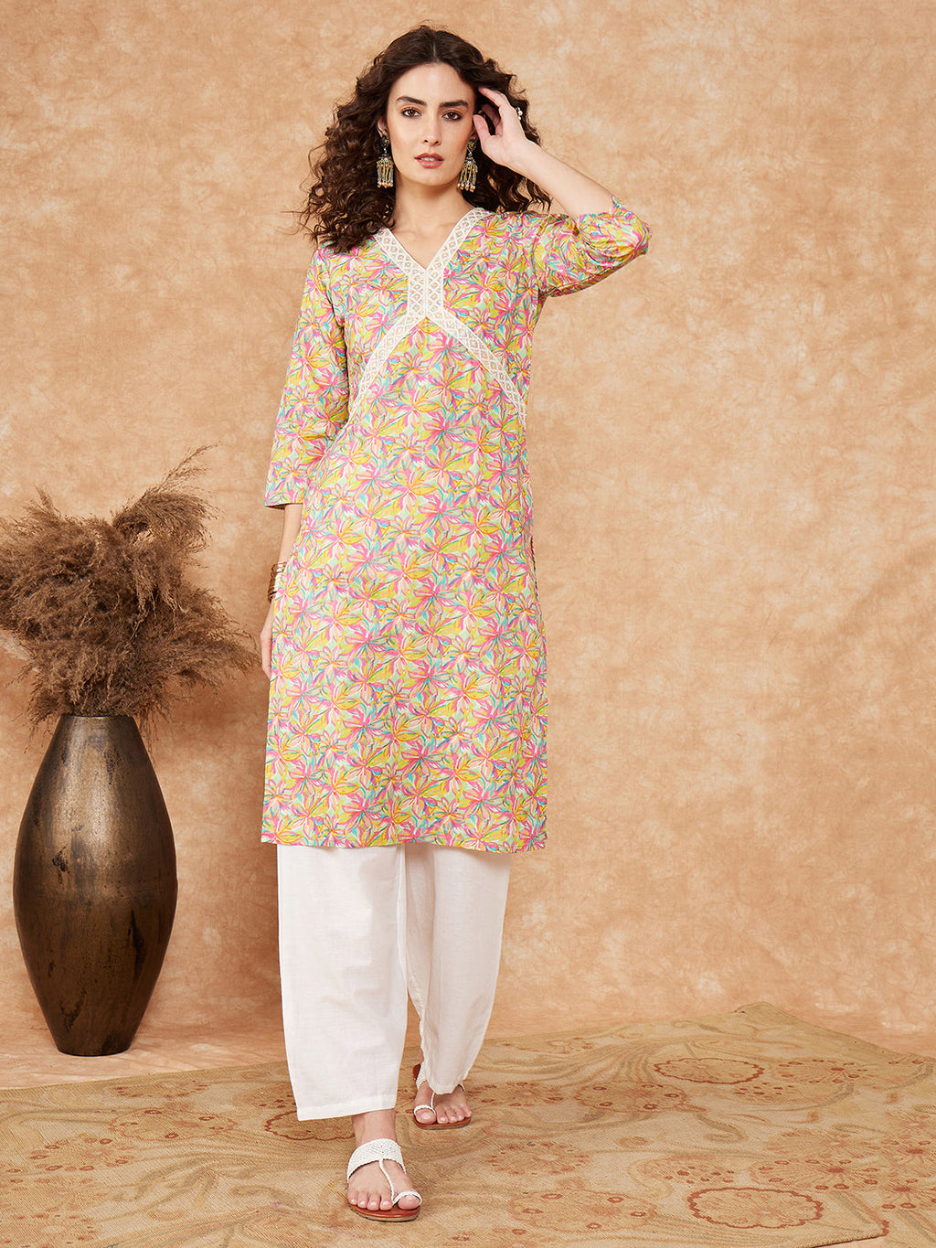 InWeave Women's Multi Floral Painted Alia Lace Work Straight Kurta