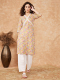 InWeave Women's Multi Floral Painted Alia Lace Work Straight Kurta
