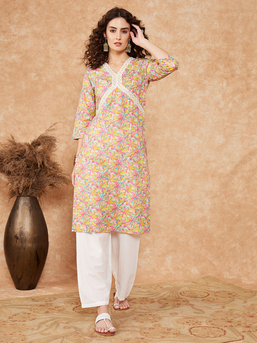 InWeave Women's Multi Floral Painted Alia Lace Work Straight Kurta