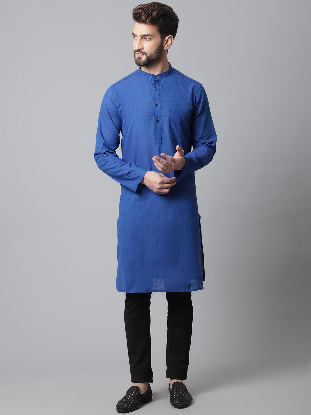 Even Apparels Blue Solid Kurta With Band Collar