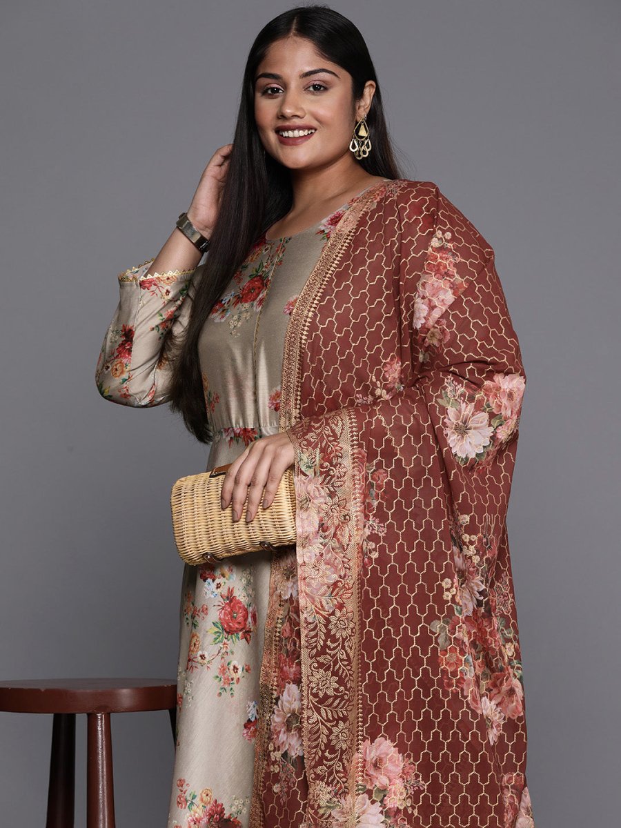 Ahalyaa Plus Size Round Neck Maxi Ethnic Dress With Dupatta