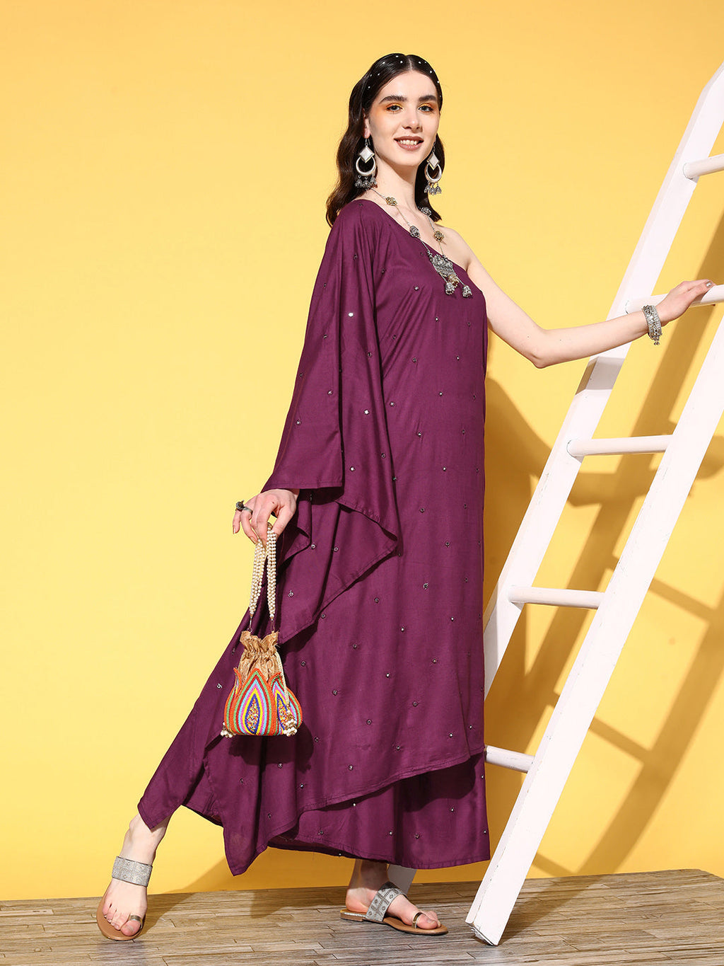 InWeave Women's Wine Mirror Work One Shoulder Kurta Set