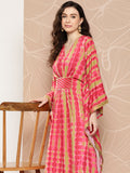 Ahalyaa Women Printed Flared Sleeves Gotta Patti Belted Detail Crepe Kaftan Kurta