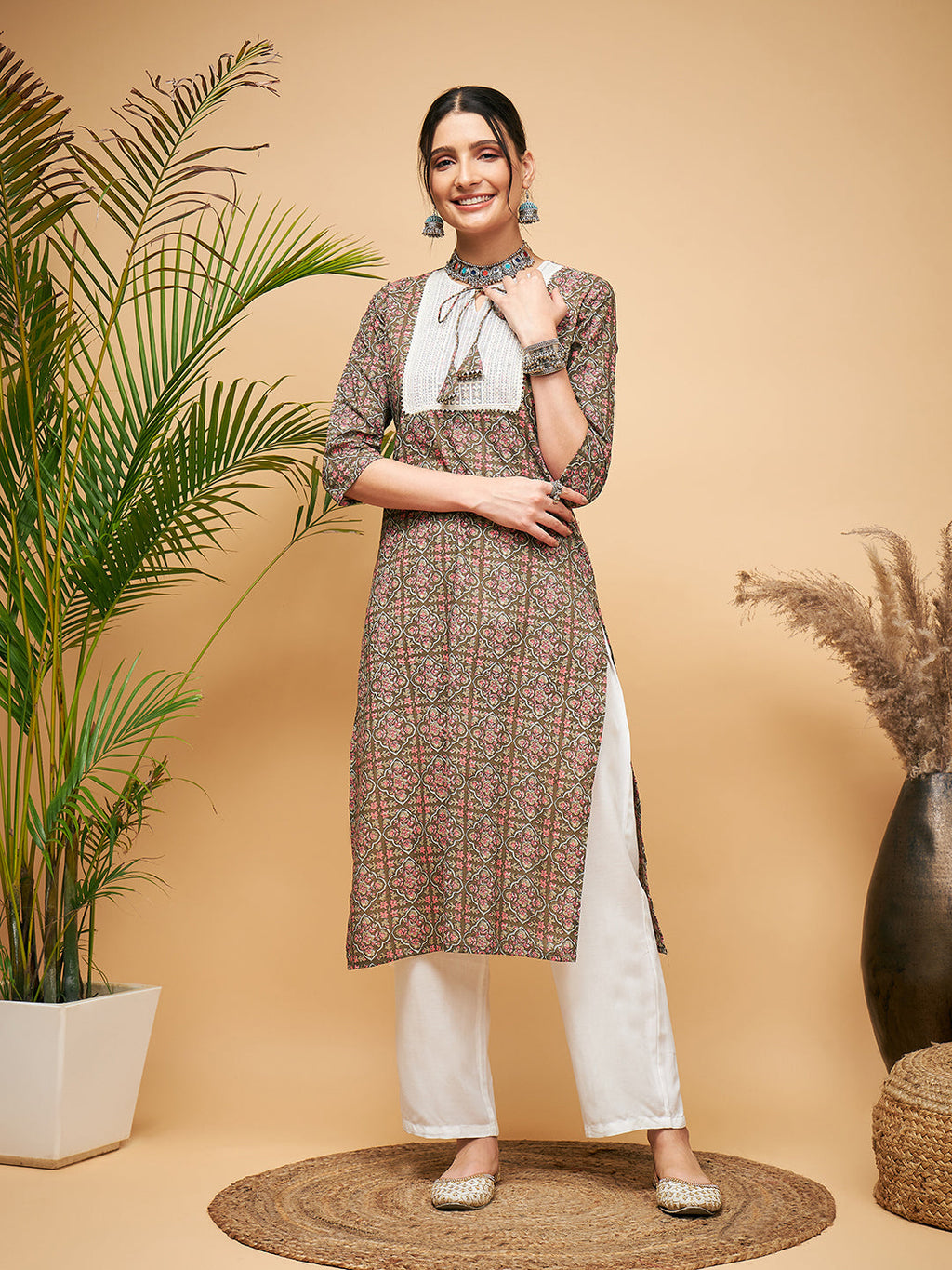 InWeave Women's Green Red Ajrakh Print Cotton Patch Work Straight Kurta