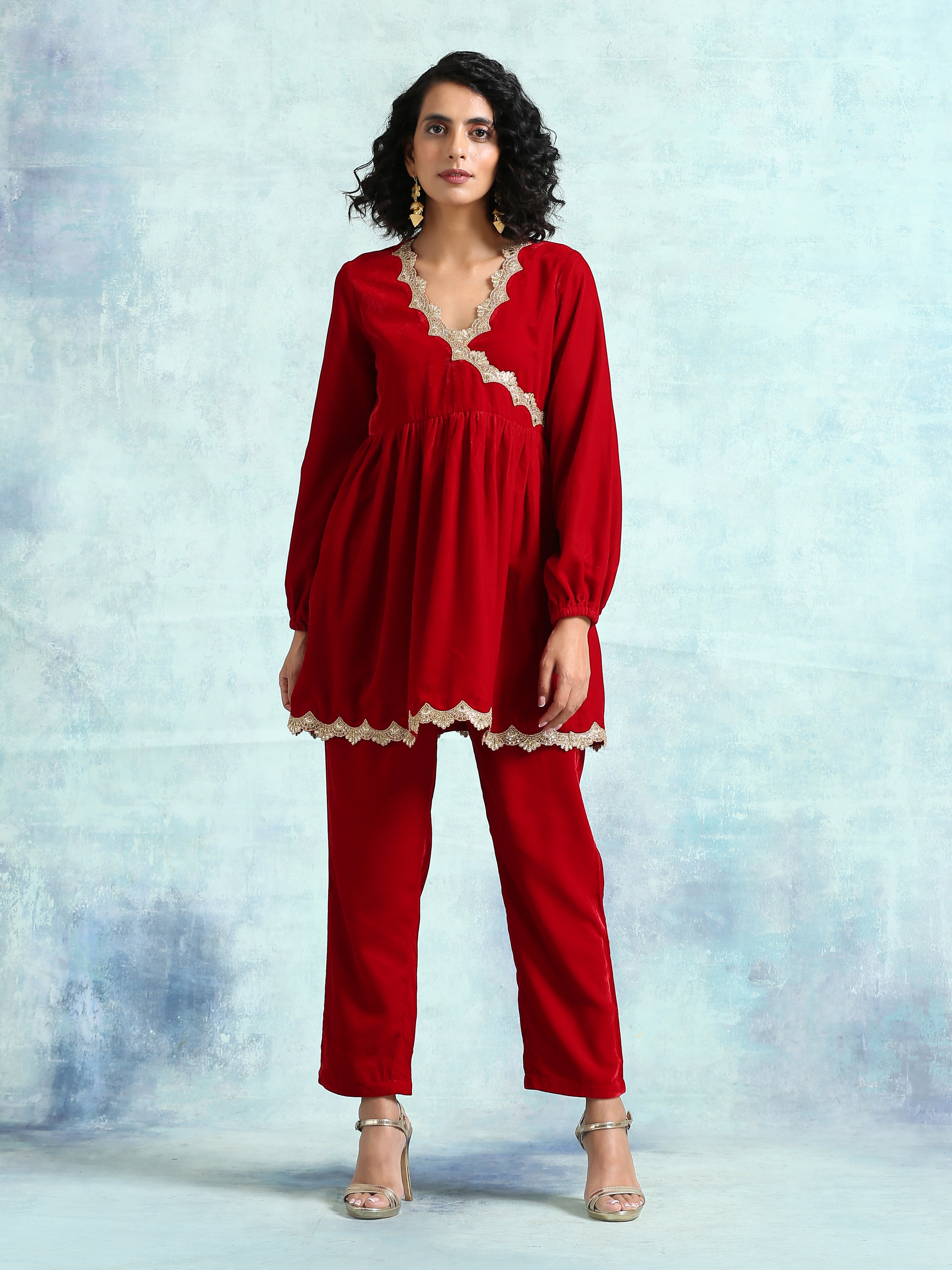 trueBrowns True Red Velvet Lace Co-Ord Set
