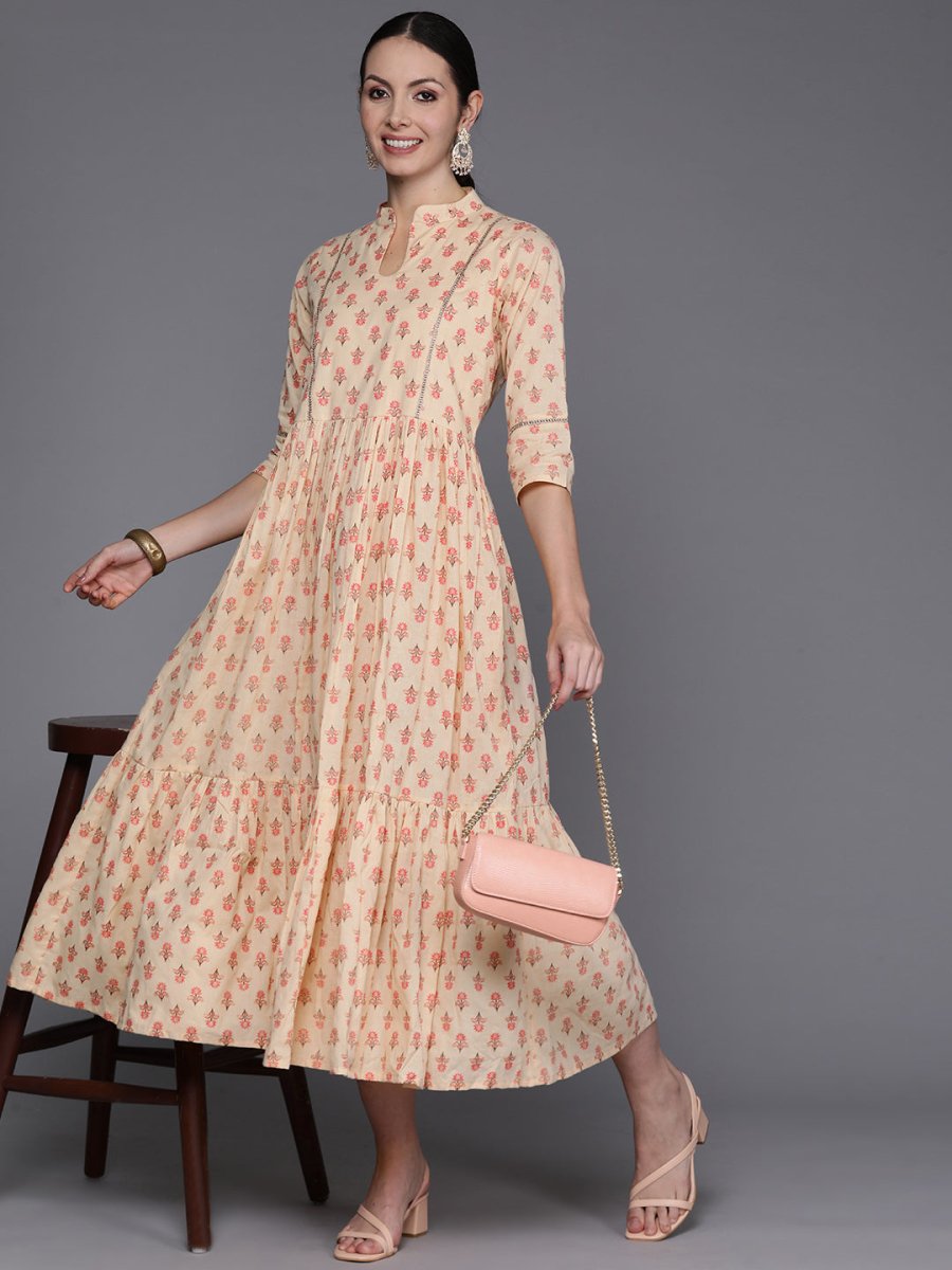 Ahalyaa Floral Print Mandarin Collar Tiered Midi Pure Cotton Ethnic Dress