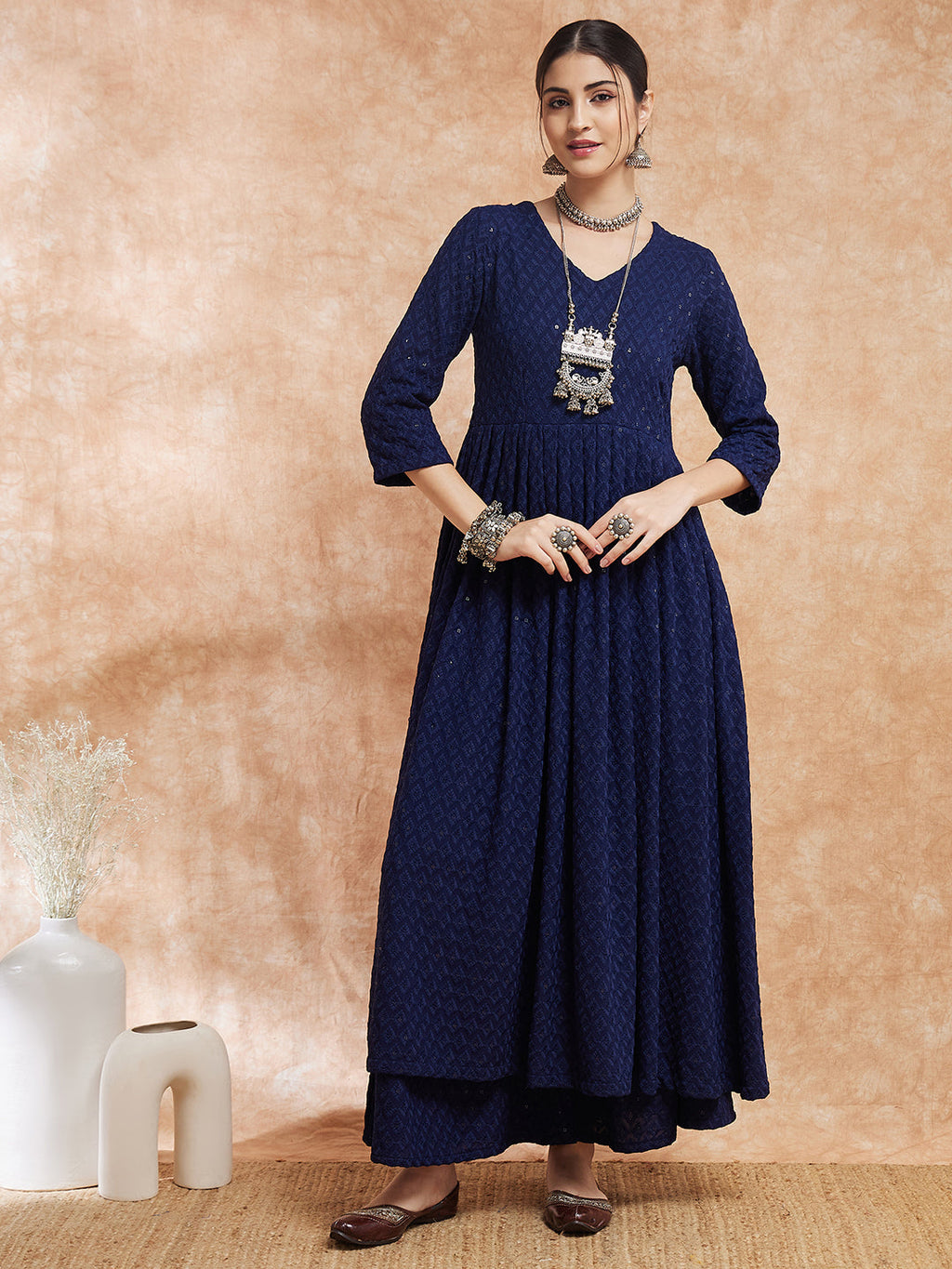 InWeave Women's Royal Blue Chikankari Long Anarkali Kurta Sharara Set