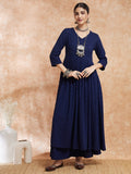 InWeave Women's Royal Blue Chikankari Long Anarkali Kurta Sharara Set