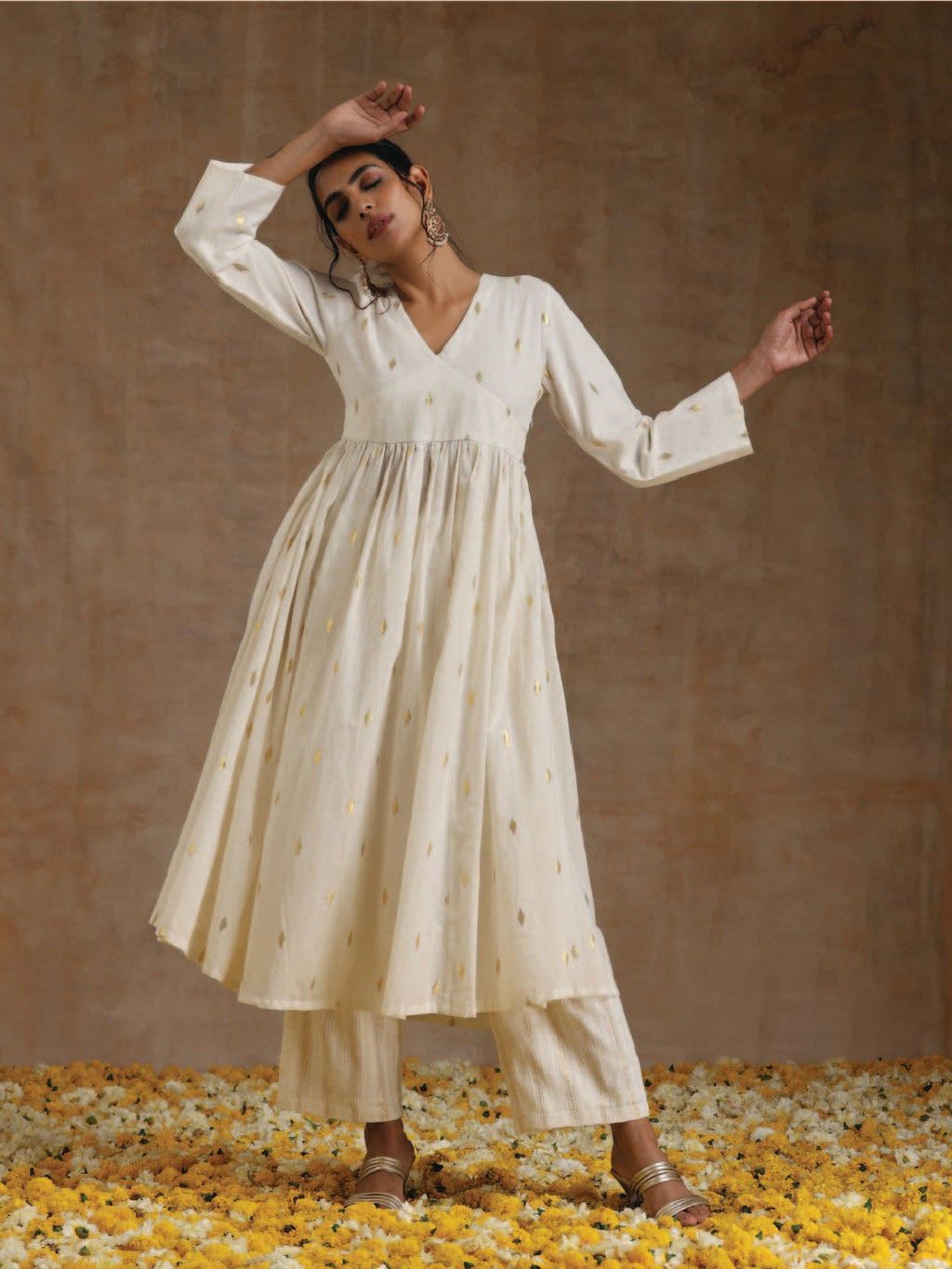 trueBrowns Ivory Gold Cotton Kalidar Kurta Set