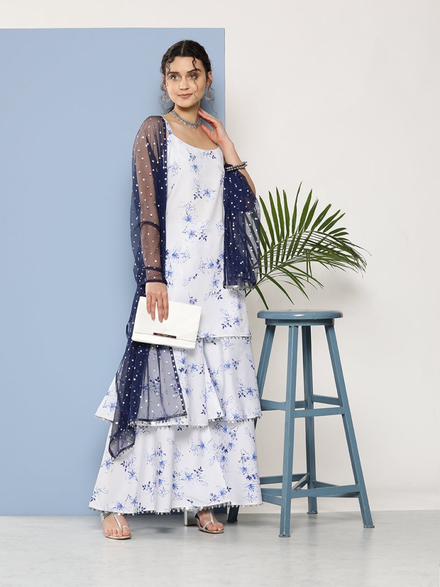 Ahalyaa Women White Floral Printed Sequinned Kurta with Sharara & With Dupatta