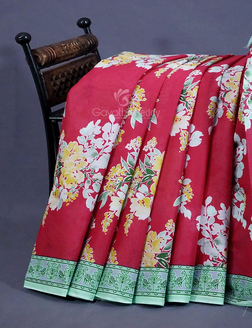 Tomato Red Colour Block Print Pure Mulmul Cotton Saree By Gayathri Reddy Designer Studio