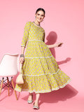InWeave Women's Yellow Floral Print Tiered Dress With Lace