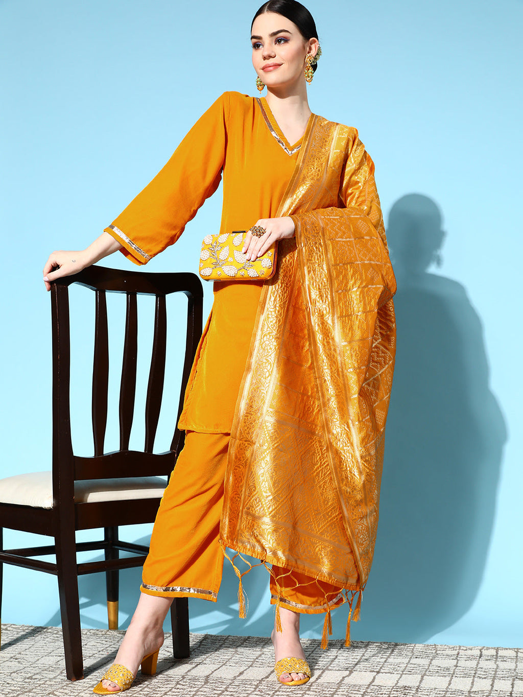 InWeave Women's Mustard Velvet Kurta Set With Mustard Gold Dupatta