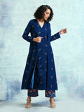 trueBrowns Blue Embroidered Velvet Overlay Jacket