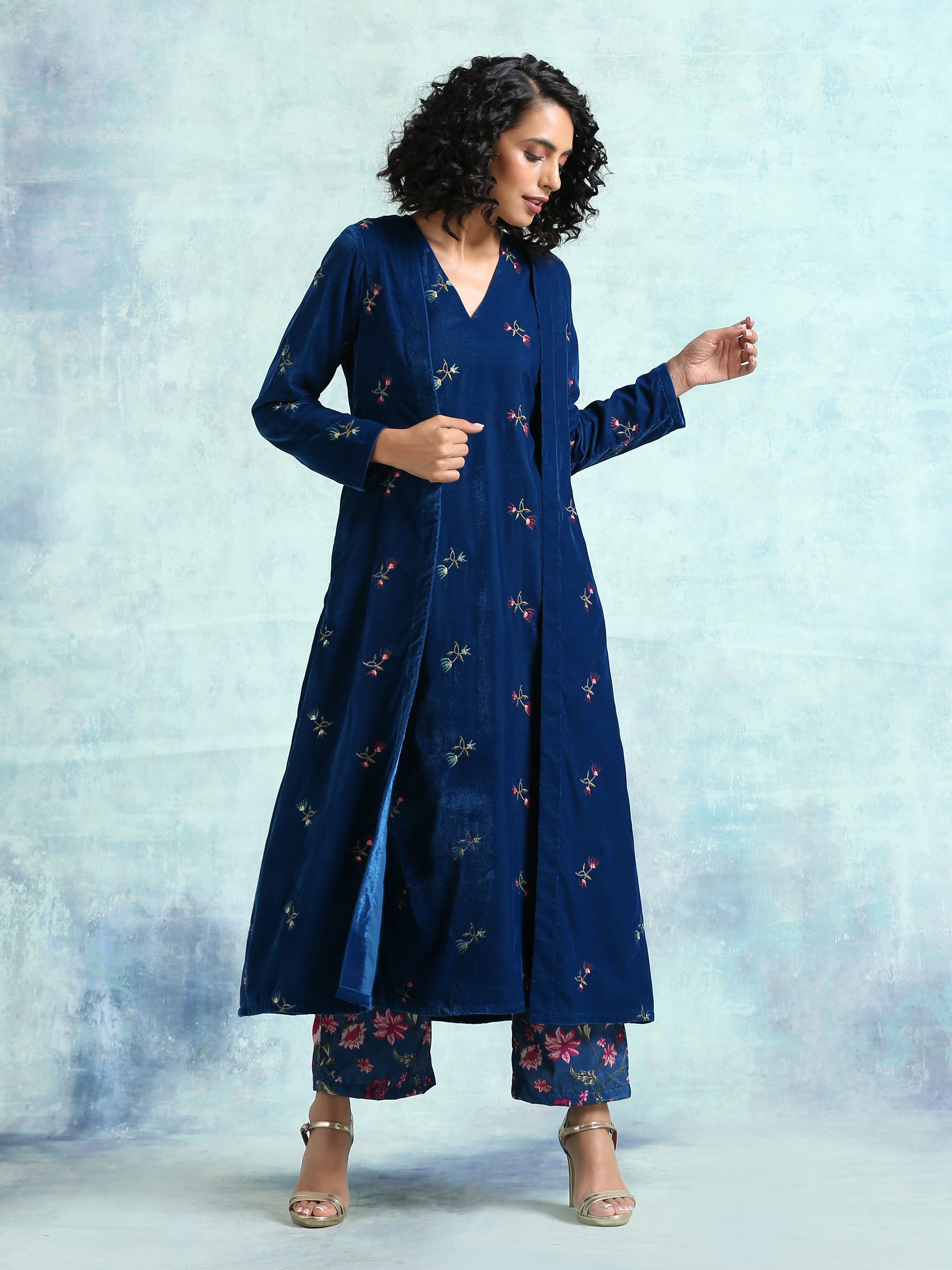 trueBrowns Blue Embroidered Velvet Overlay Jacket