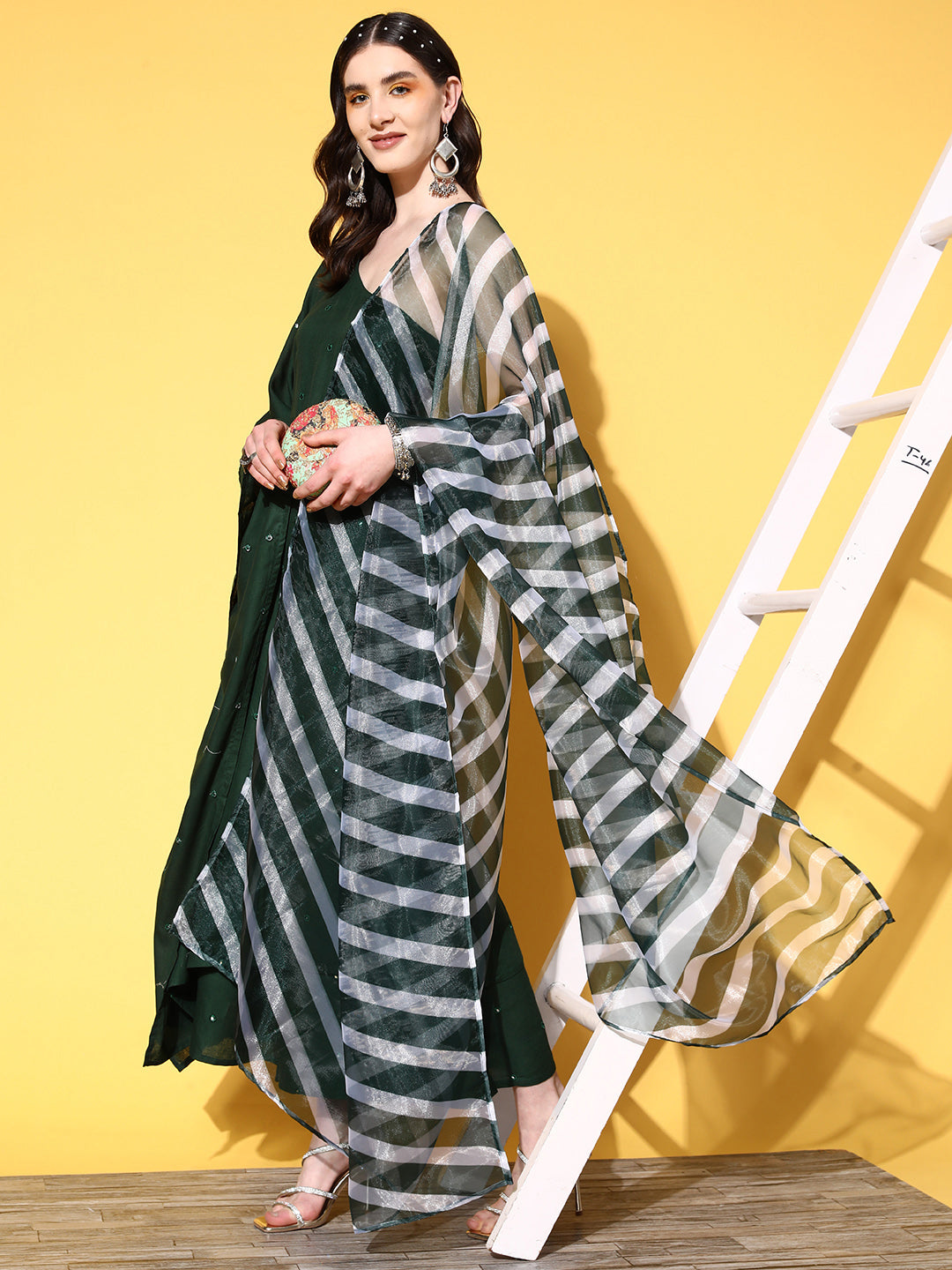 InWeave Women's Green Mirror Work One Shoulder Kurta Set With Dupatta