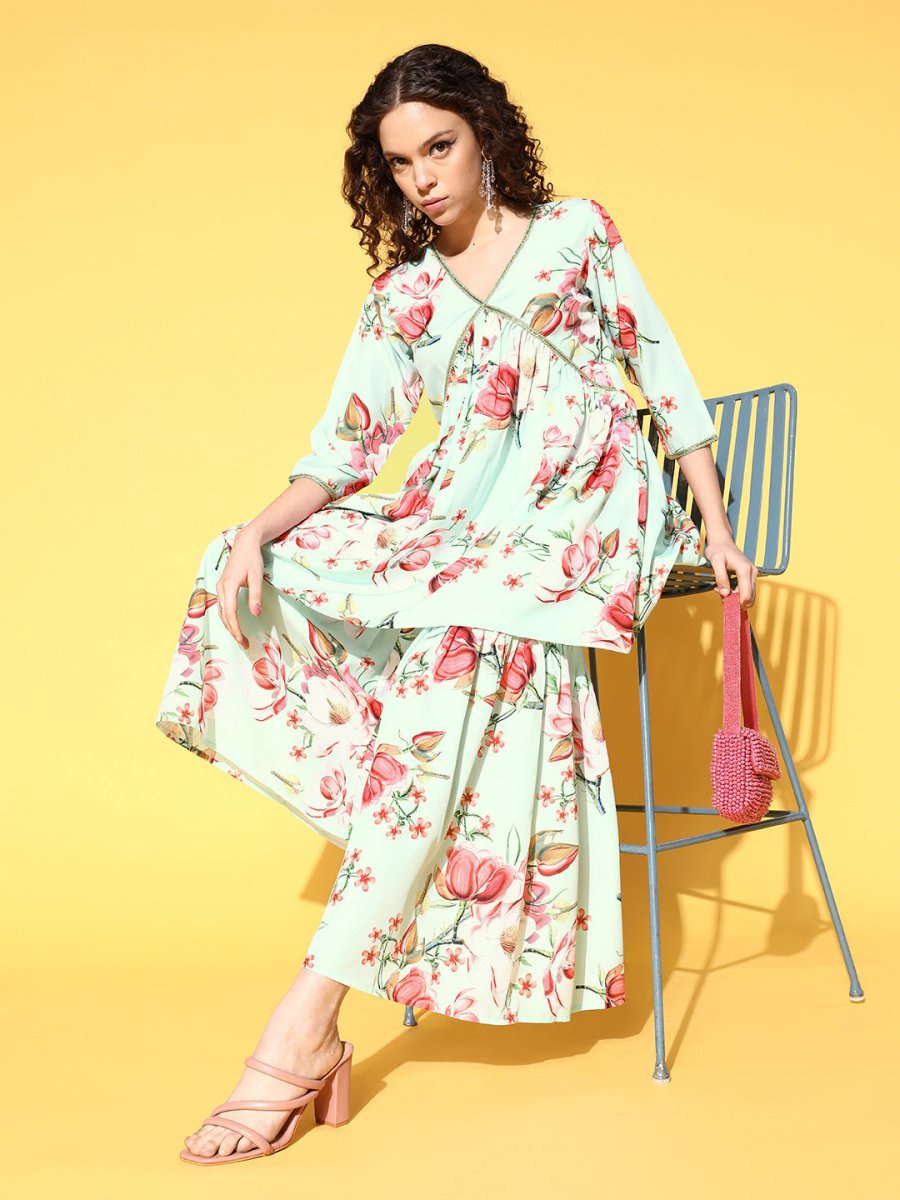 Ahalyaa Women Floral Printed Pleated Kurti with Sharara
