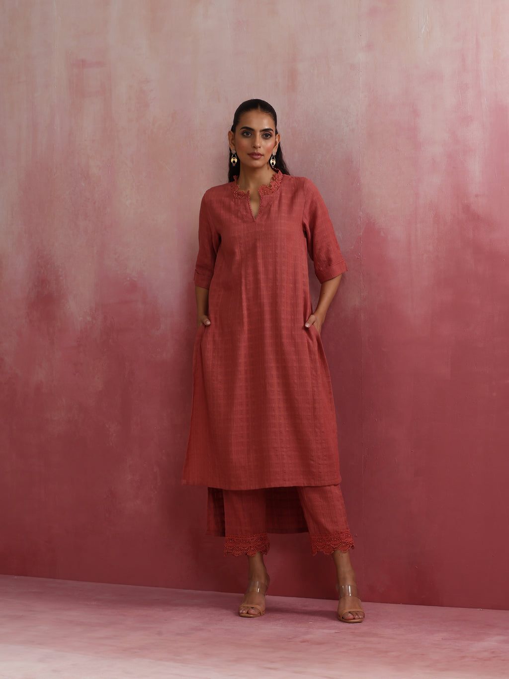 trueBrowns Peach High low Cotton Dobby Kurta Set