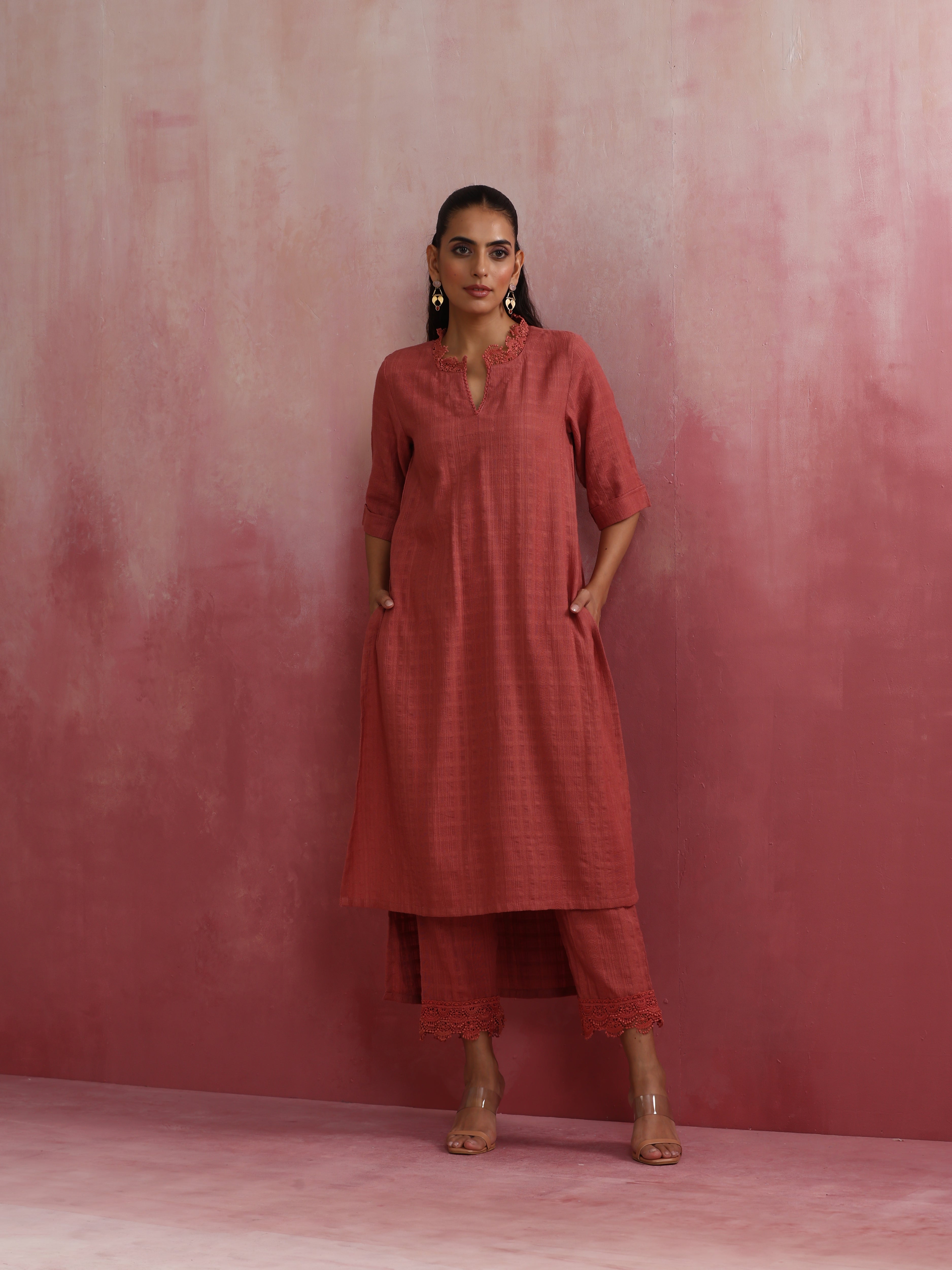trueBrowns Peach High low Cotton Dobby Kurta Set