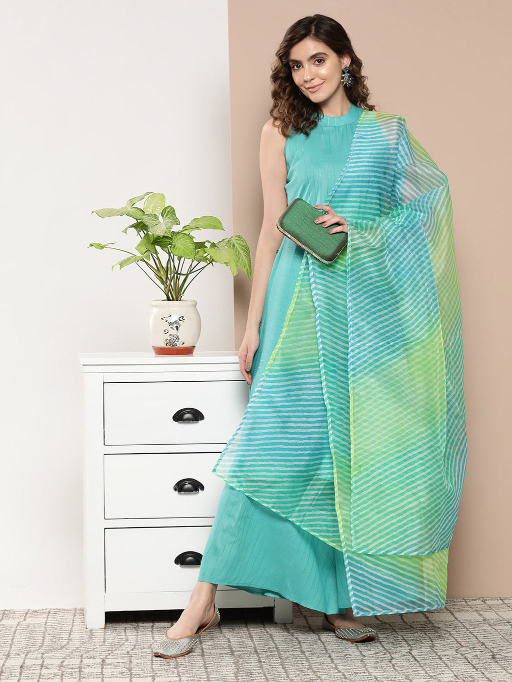 InWeave Women's Teal Lurex Boho Kurta Set With Aqua Leh Organza Dupatta