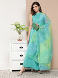 InWeave Women's Teal Lurex Boho Kurta Set With Aqua Leh Organza Dupatta