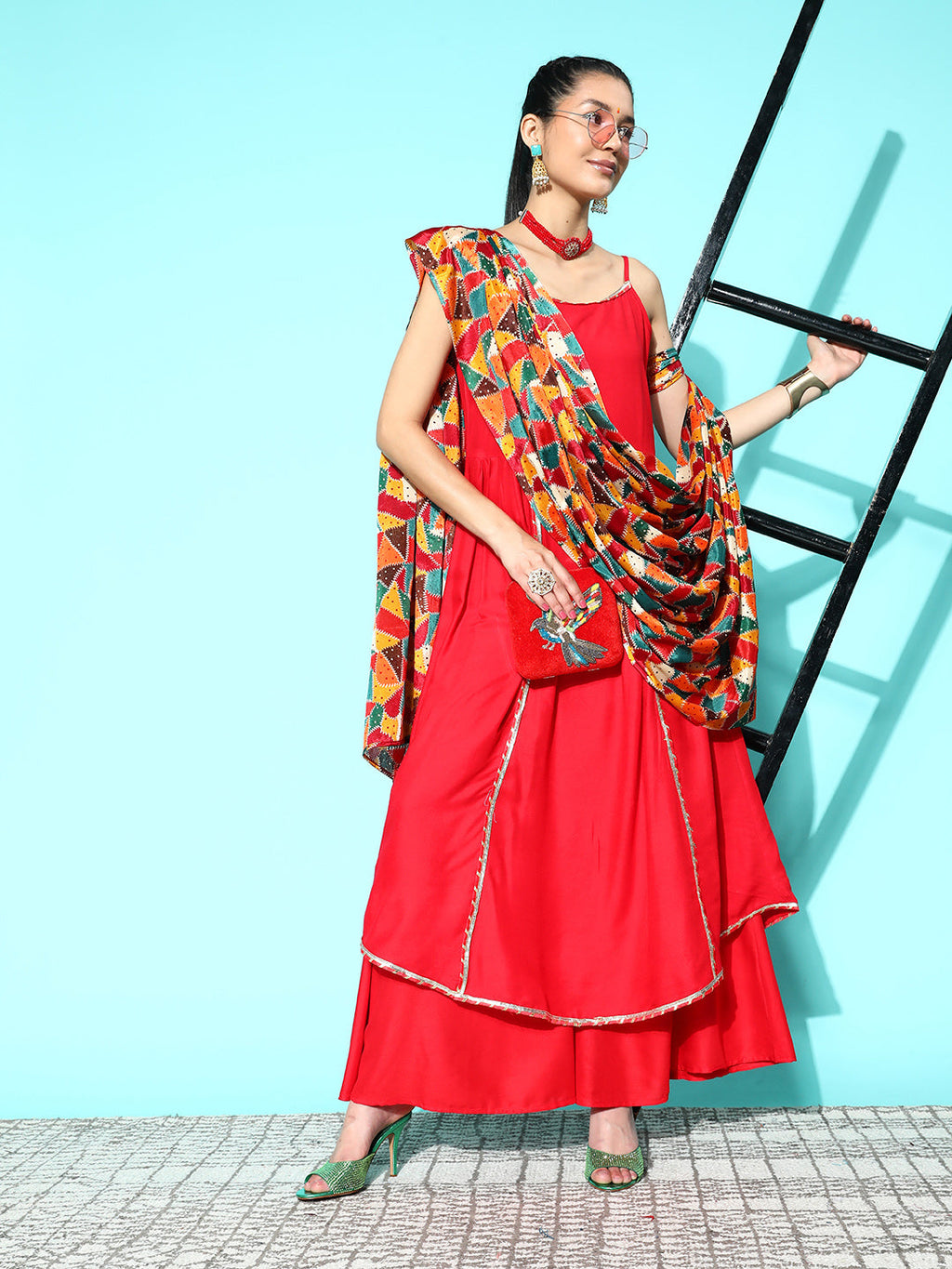 InWeave Women's Red Gota Strappy Set With Multi Foil Muslin Dupatta