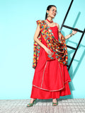 InWeave Women's Red Gota Strappy Set With Multi Foil Muslin Dupatta