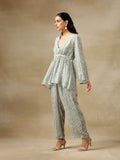 trueBrowns Light Green Bandhani Printed Silk V-Neck Co-Ord Set
