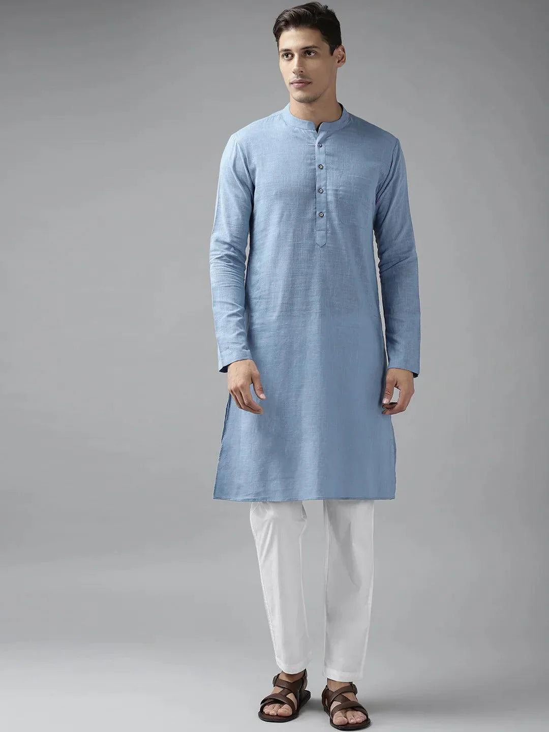 Fabmade Men Blue Cotton Linen Kurta Pyjama