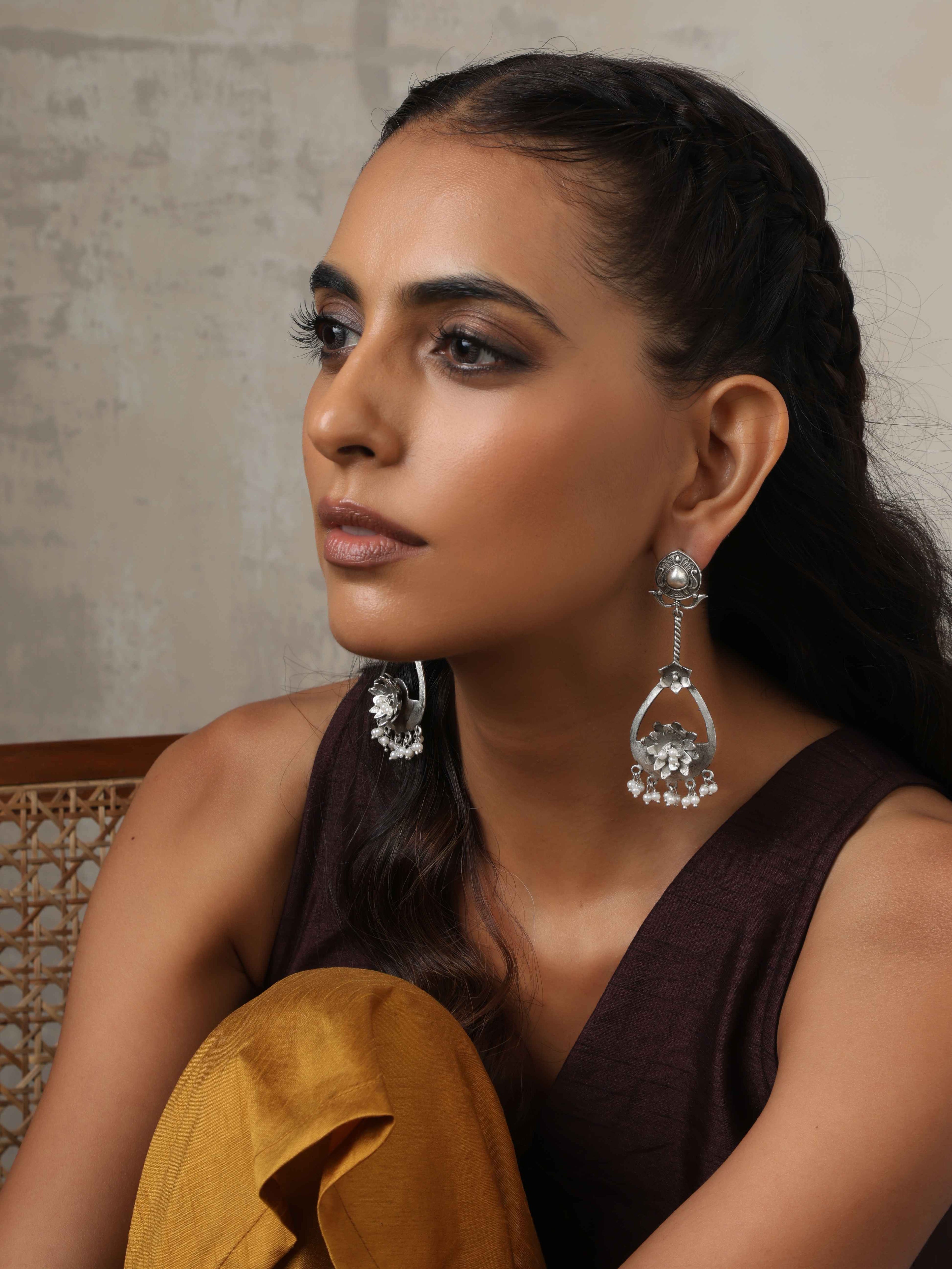 trueBrowns Silver Tone Floral Chandbaali Earrings