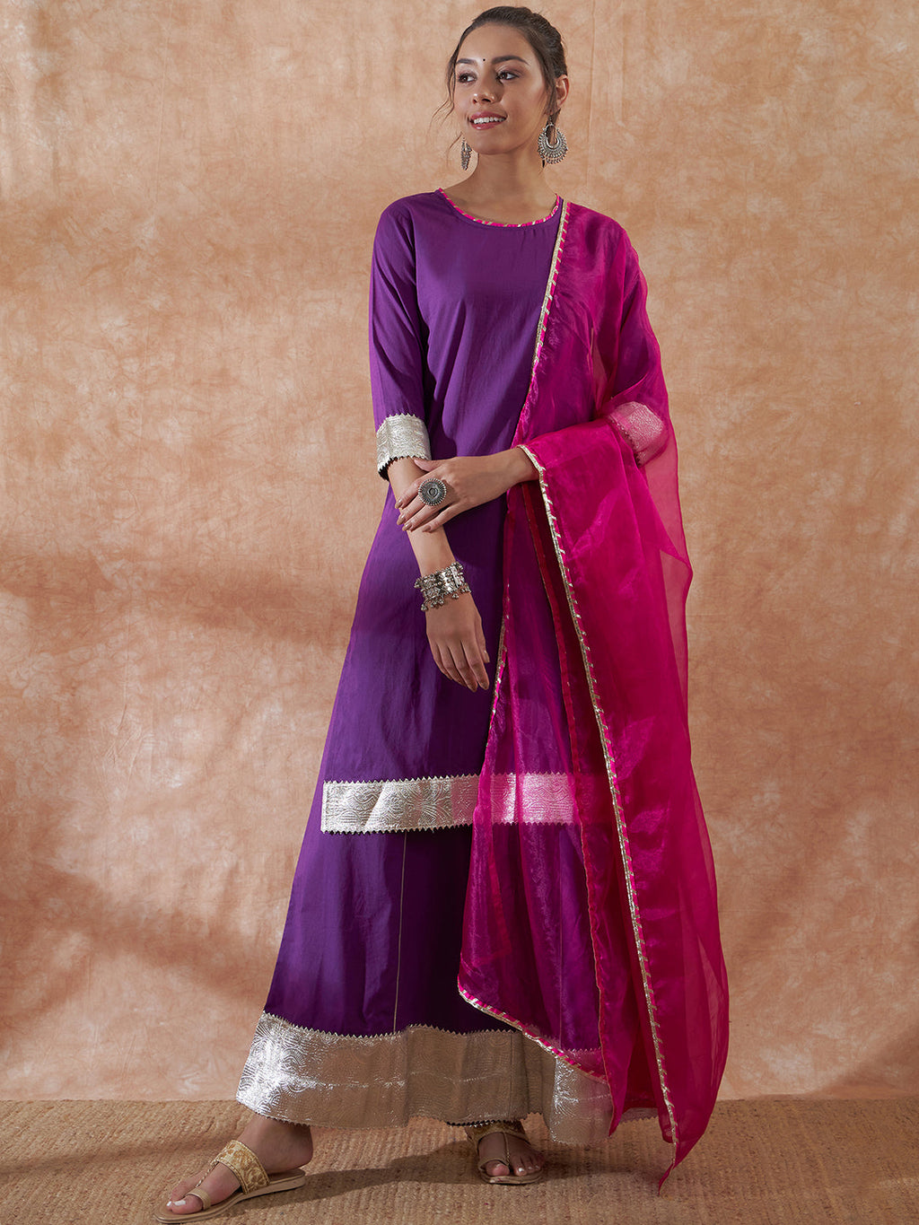 InWeave Women's Purple Gota Work Anarkali Kurta Set W Dupatta