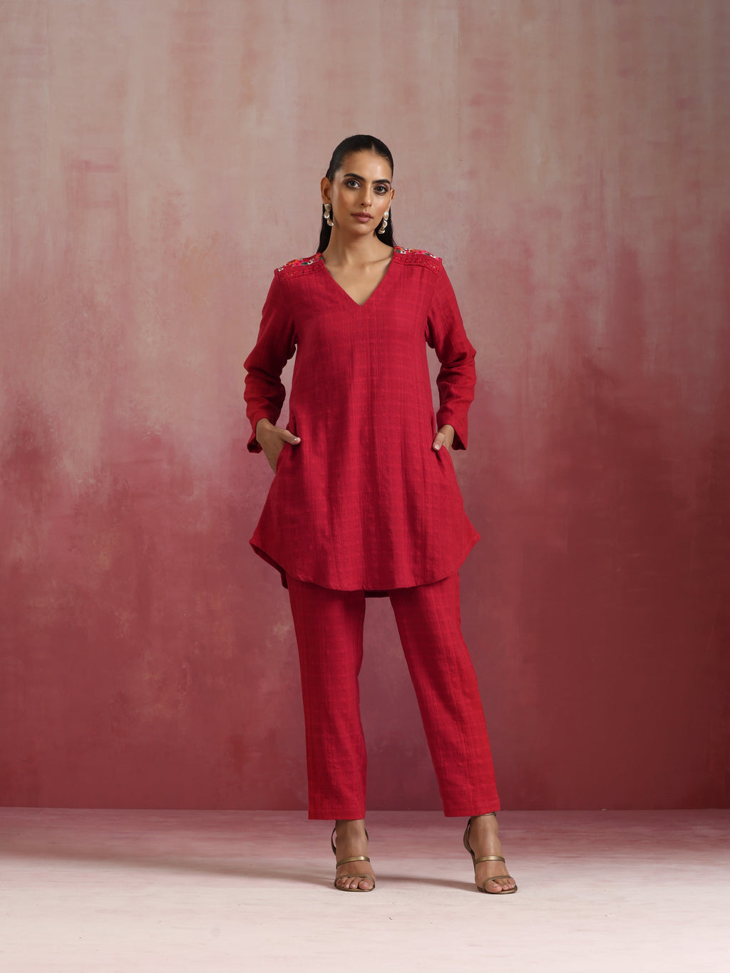 trueBrowns Red Cotton Dobby Kurta Co-ord set