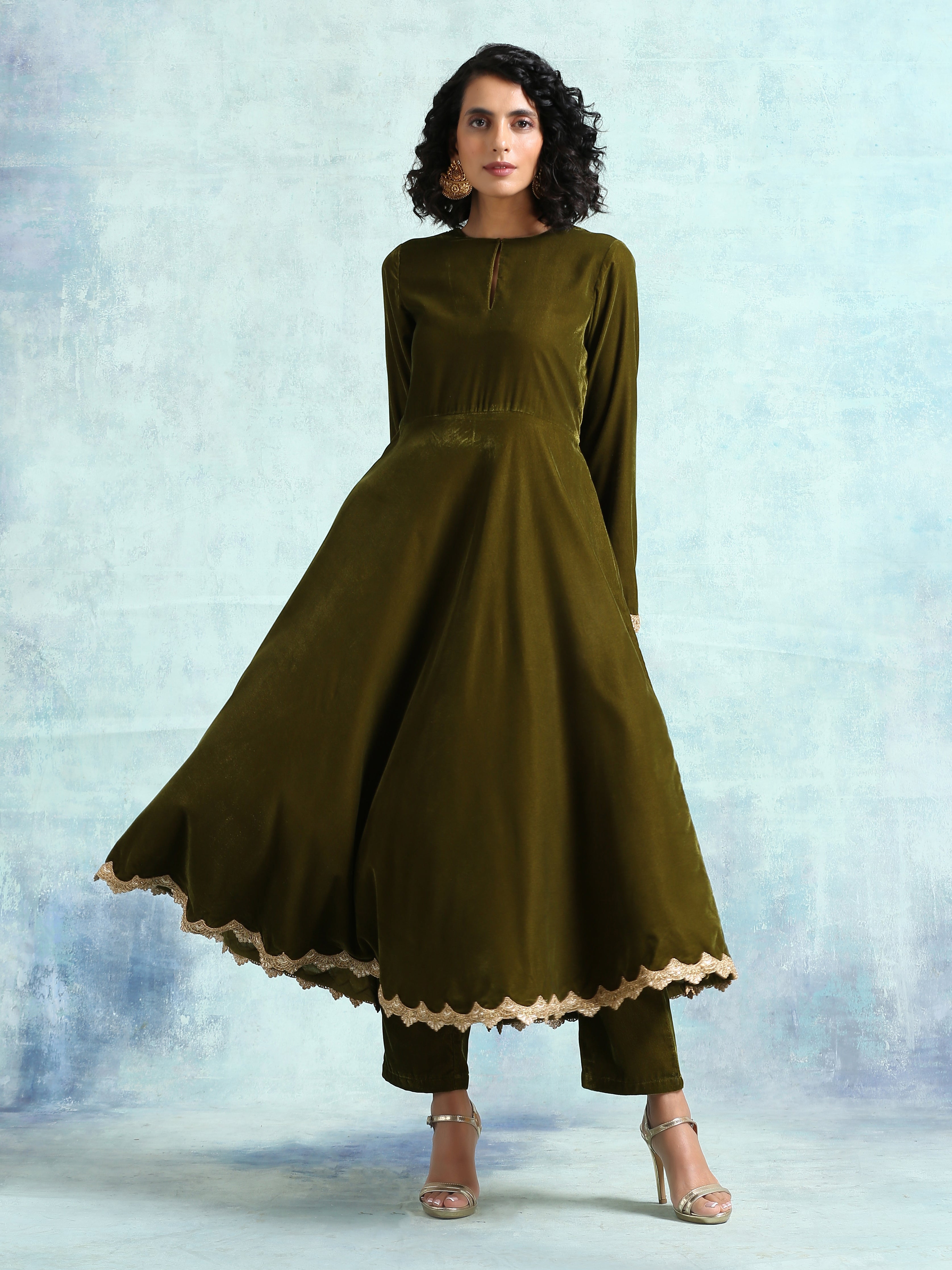 trueBrowns Mehandi Velvet Anarkali Kurta