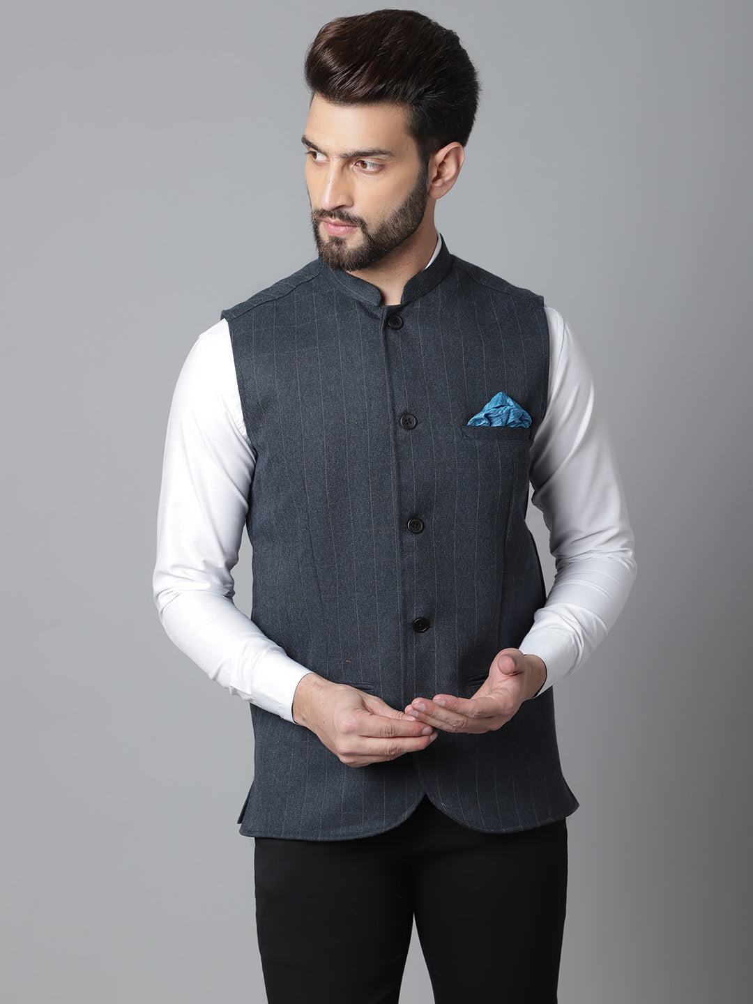 Even Apparels Men's Blue Nehru Jacket With Welt Pockets