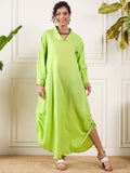 InWeave Neon Green Shawl Neck Long Side Pleat Dress