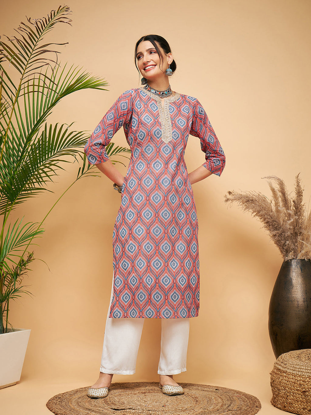 InWeave Women's Red Blue Ogee Print Gota Straight Kurta