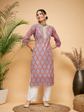 InWeave Women's Red Blue Ogee Print Gota Straight Kurta