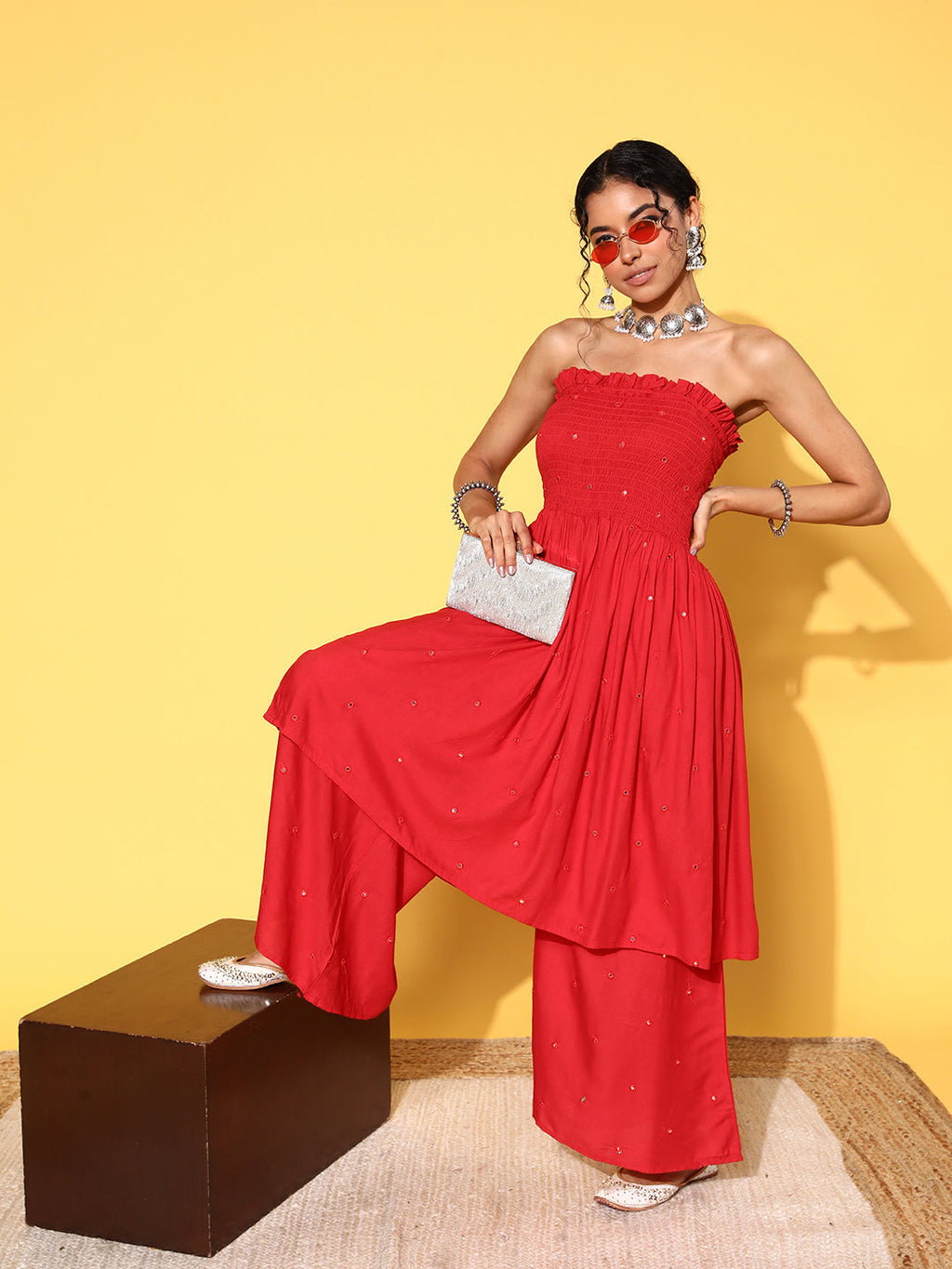 InWeave Women's Red Mirror Work Off Shoulder Kurta Set
