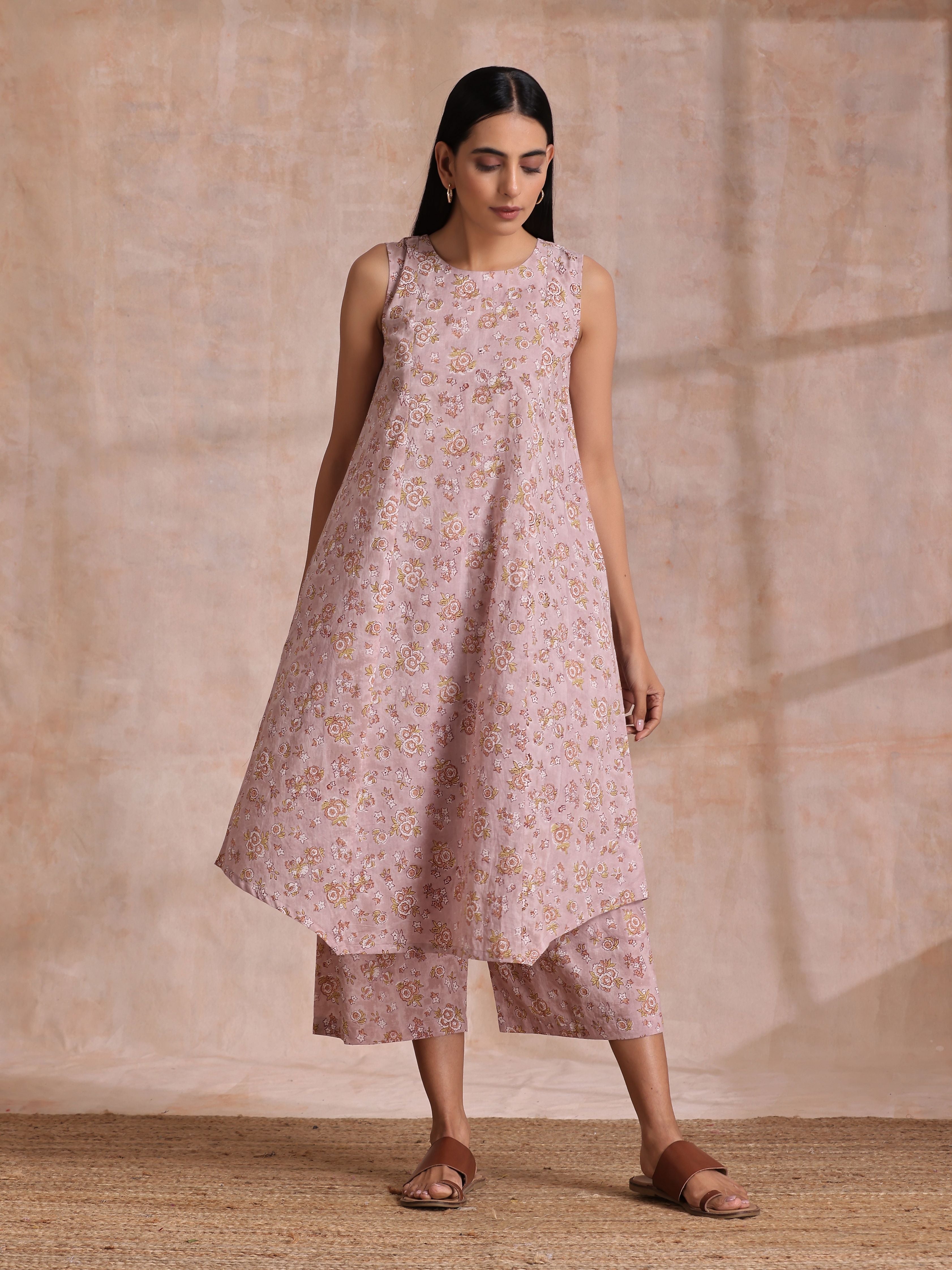 trueBrowns Grey Overall Floral Block Print Cotton High-Low Co-Ord Set
