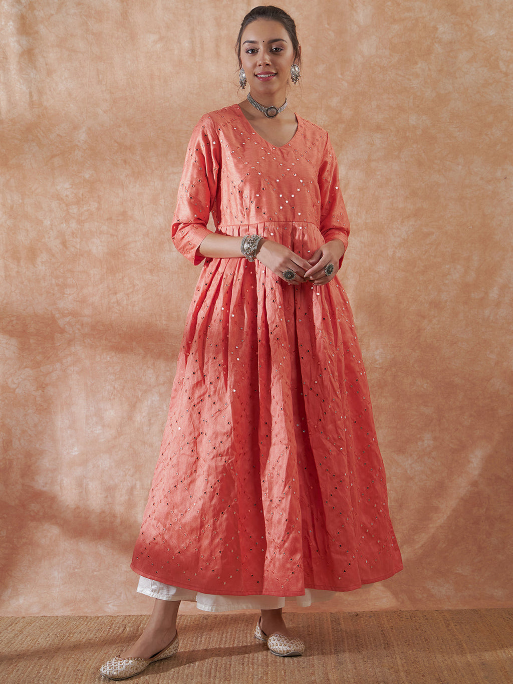 InWeave Women's Peach Mirror Work Long Anarkali Kurta