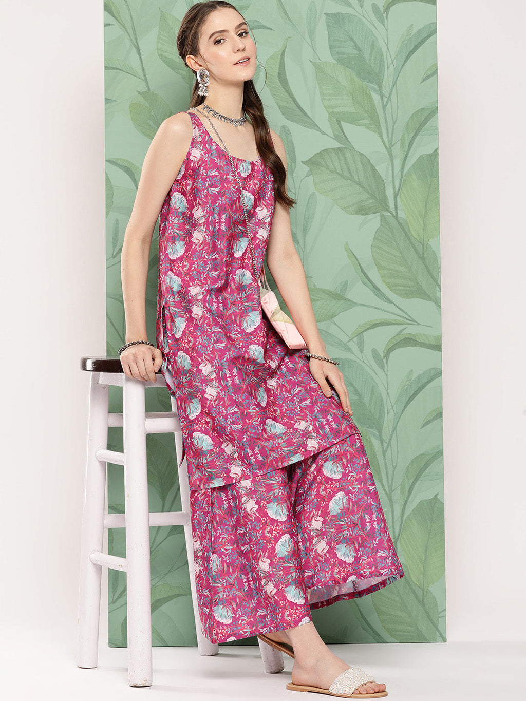 InWeave Women's Magenta Camelia Print Crepe Kurta Set