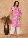 InWeave Women's Pink White Floral Square Lace Work Straight Kurta