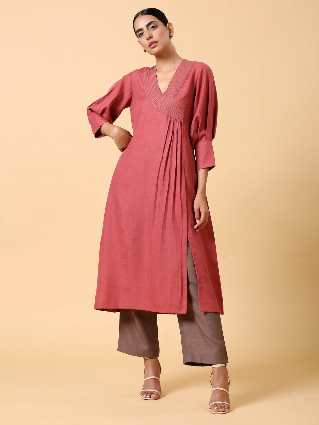 trueBrowns Cotton Linen Rust Red Kurta Pant Set