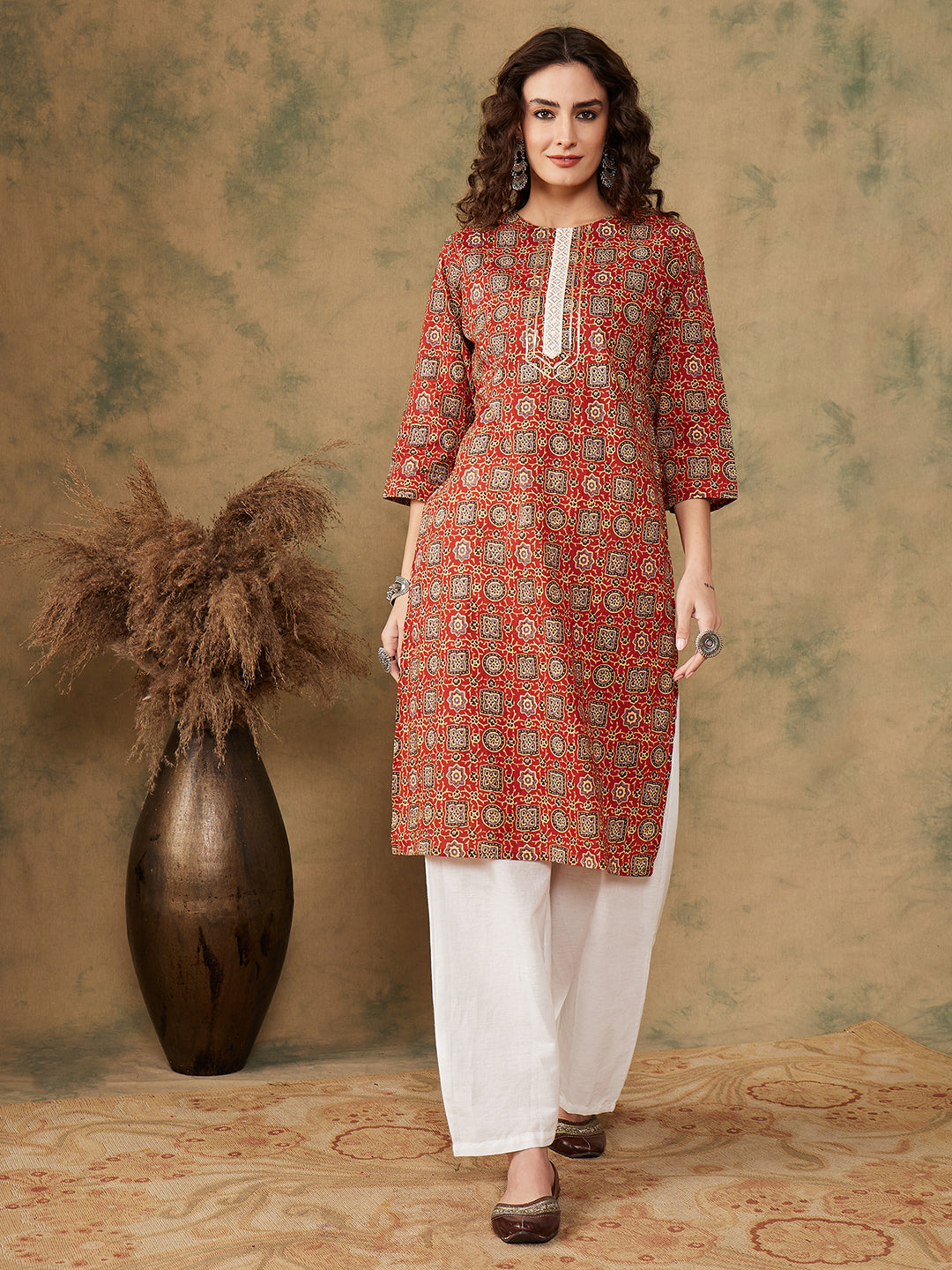 InWeave Women's Maroon Ethnic Print Lace Gota Work Straight Kurta