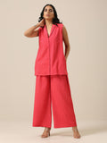 trueBrowns Bright Pink Slub Texture Sleevesless Jacket Pant Set